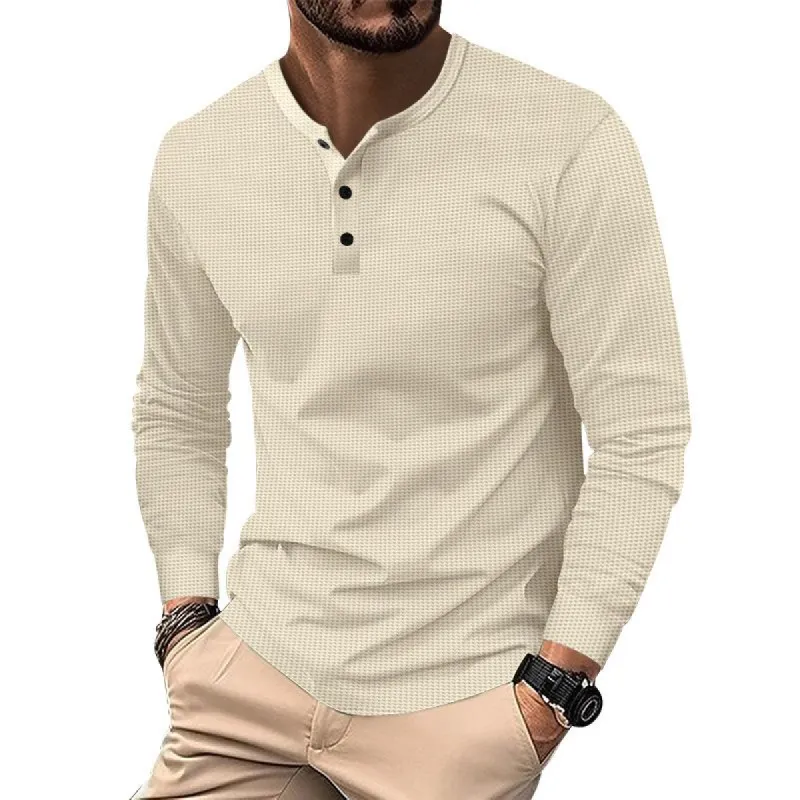 Men's Solid Color Waffle Henley Collar Long Sleeve Casual T-shirt 25467066Z sold by Manly