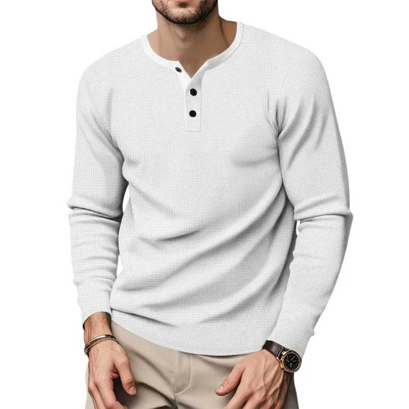 Men's Solid Color Waffle Henley Collar Long Sleeve Casual T-shirt 72561804Z sold by Manly