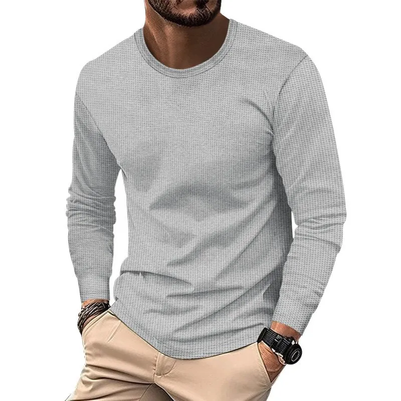 Men's Solid Color Waffle Round Neck Long Sleeve Casual T-shirt 06635701Z sold by Manly