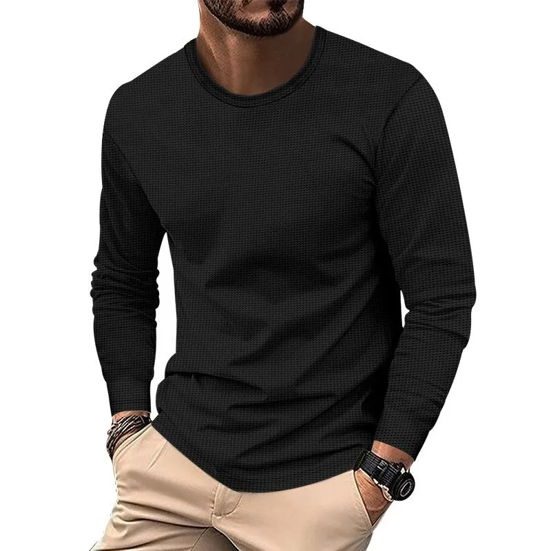 Men's Solid Color Waffle Round Neck Long Sleeve Casual T-shirt 06635701Z sold by Manly product image thumbnail 3