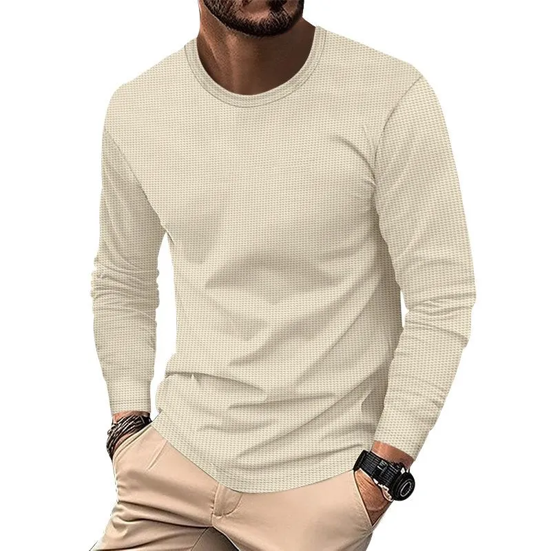 Men's Solid Color Waffle Round Neck Long Sleeve Casual T-shirt 06635701Z sold by Manly product image thumbnail 4