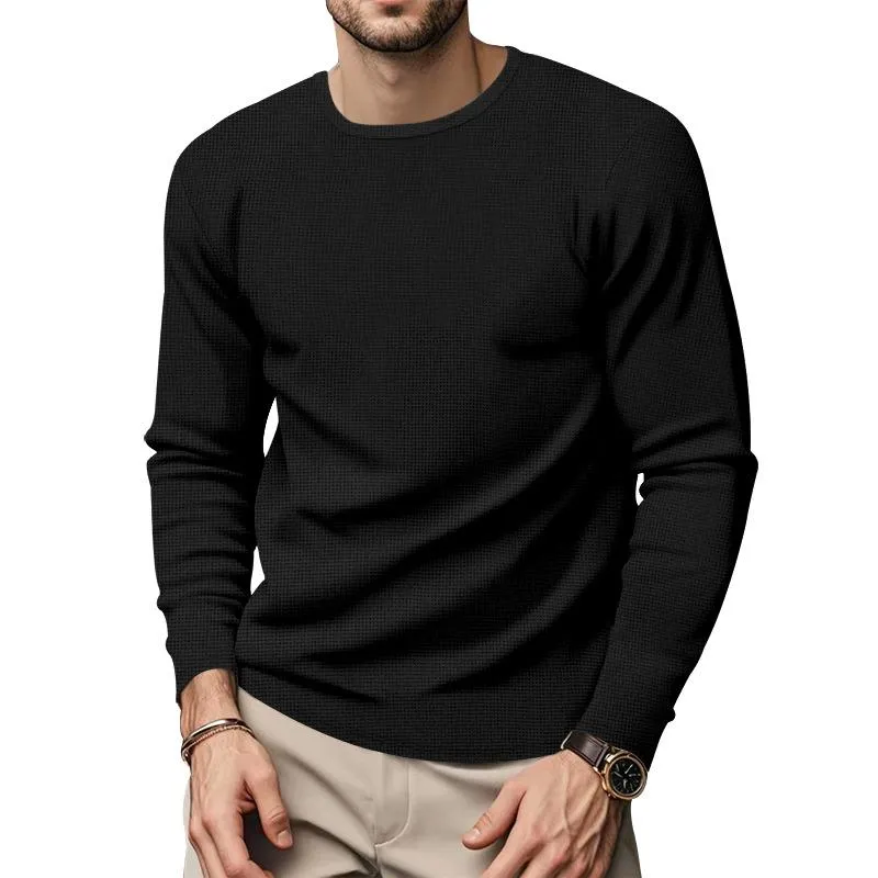 Men's Solid Color Waffle Round Neck Long Sleeve Casual T-shirt 14314739Z sold by Manly product image thumbnail 2