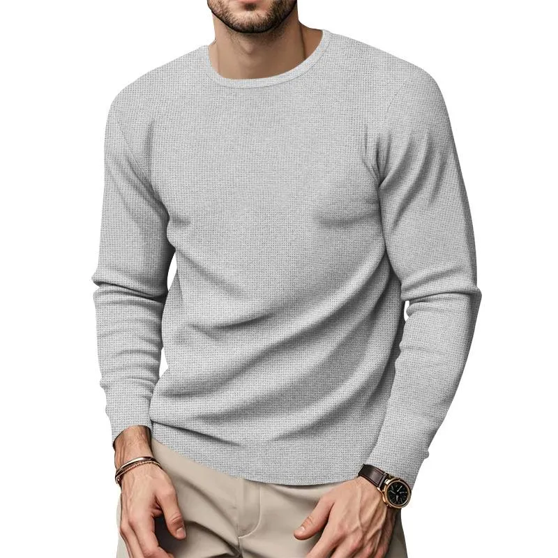 Men's Solid Color Waffle Round Neck Long Sleeve Casual T-shirt 14314739Z sold by Manly product image thumbnail 4