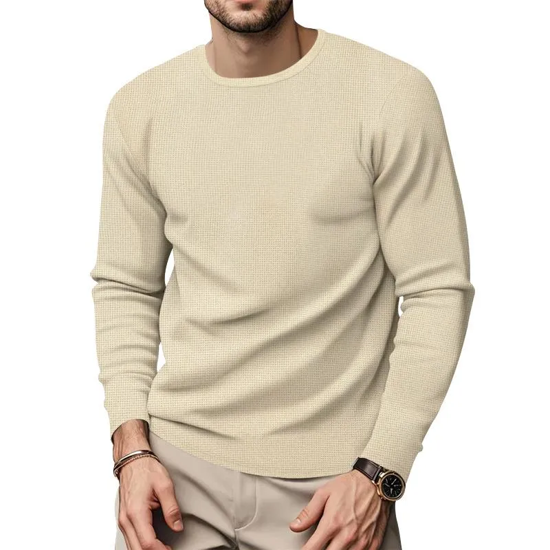 Men's Solid Color Waffle Round Neck Long Sleeve Casual T-shirt 14314739Z sold by Manly product image thumbnail 3