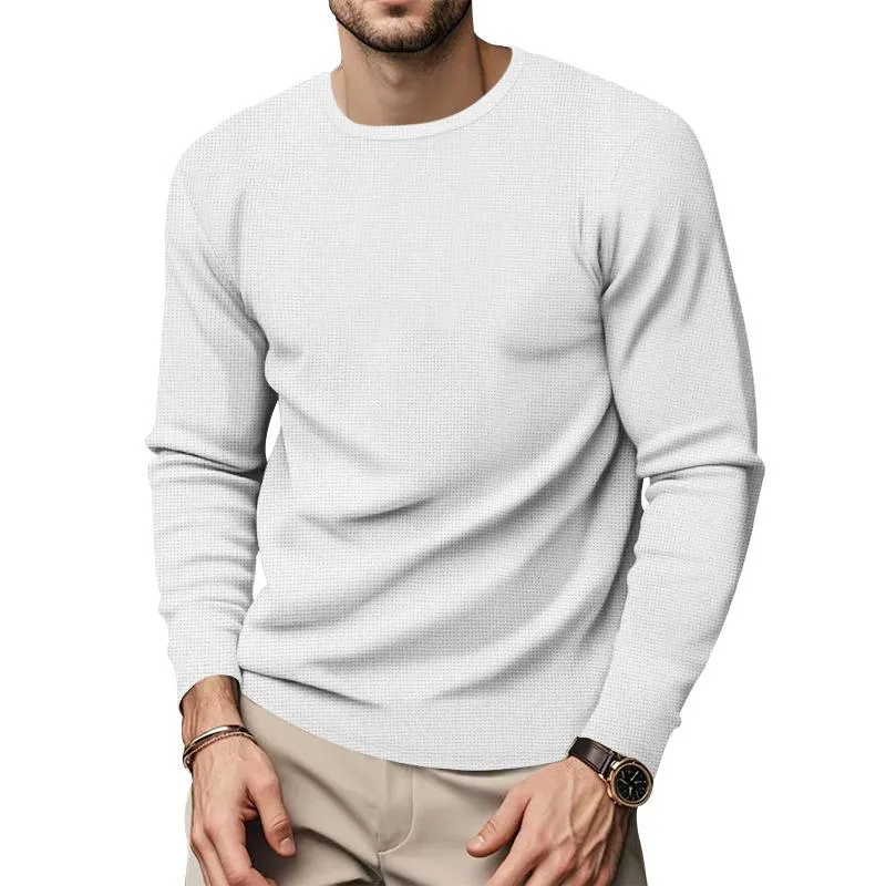 Men's Solid Color Waffle Round Neck Long Sleeve Casual T-shirt 14314739Z sold by Manly