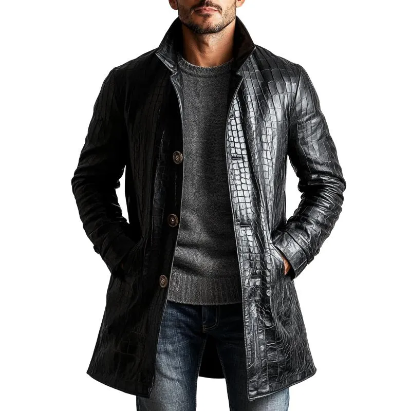 Men's Vintage Crocodile Leather Lapel Single Breasted Mid-Length Trench Coat 38686661Y sold by Manly