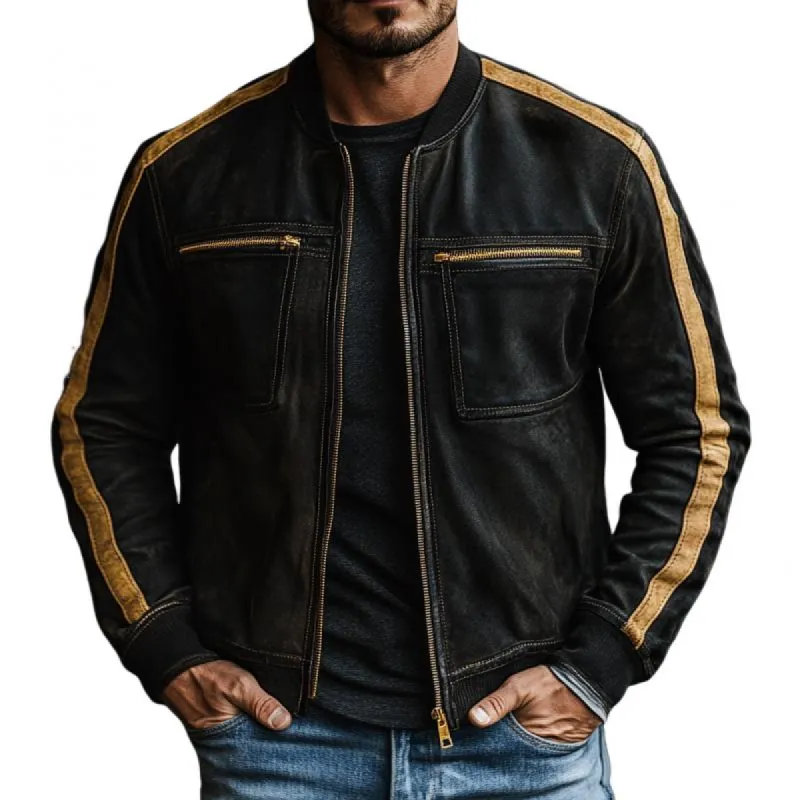 Men's Casual Color Matching Suede Chest Pocket Baseball Jacket 19968882Y sold by Manly