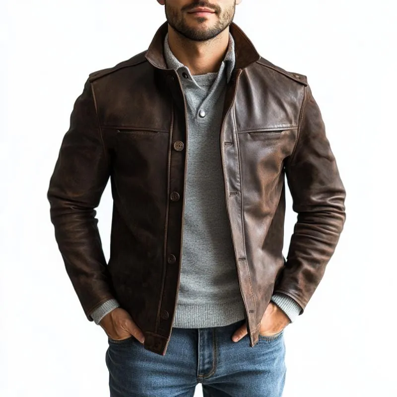 Men's Vintage Fashion Single-breasted Leather Jacket 19993632Y sold by Manly