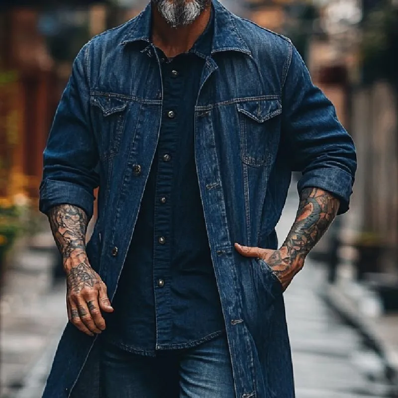 Men's Classic Lapel Mid-length Raw Edge Denim Jacket 63387243F sold by Manly product image thumbnail 3