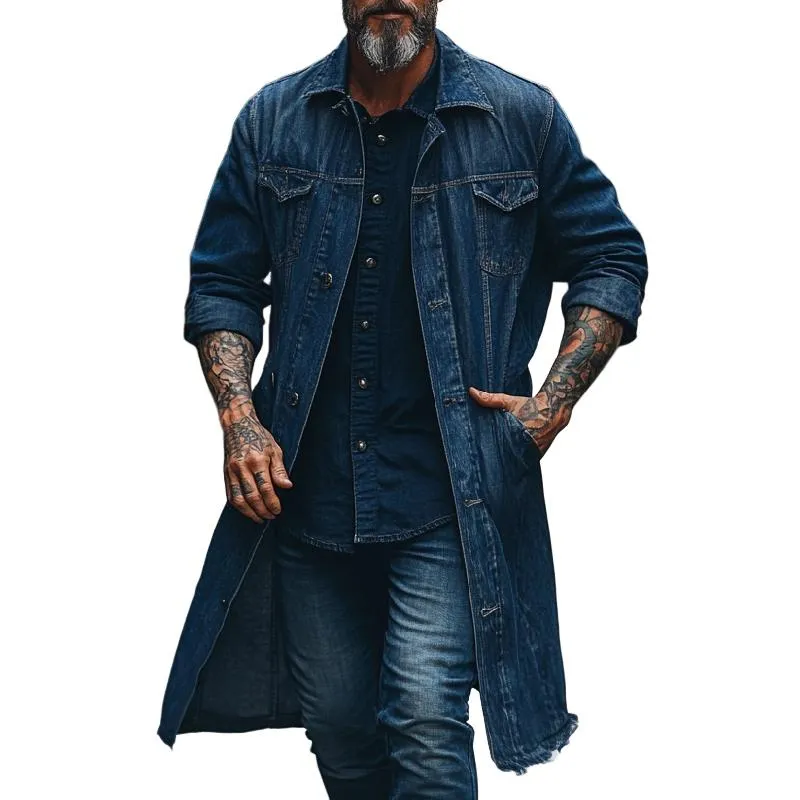 Men's Classic Lapel Mid-length Raw Edge Denim Jacket 63387243F sold by Manly
