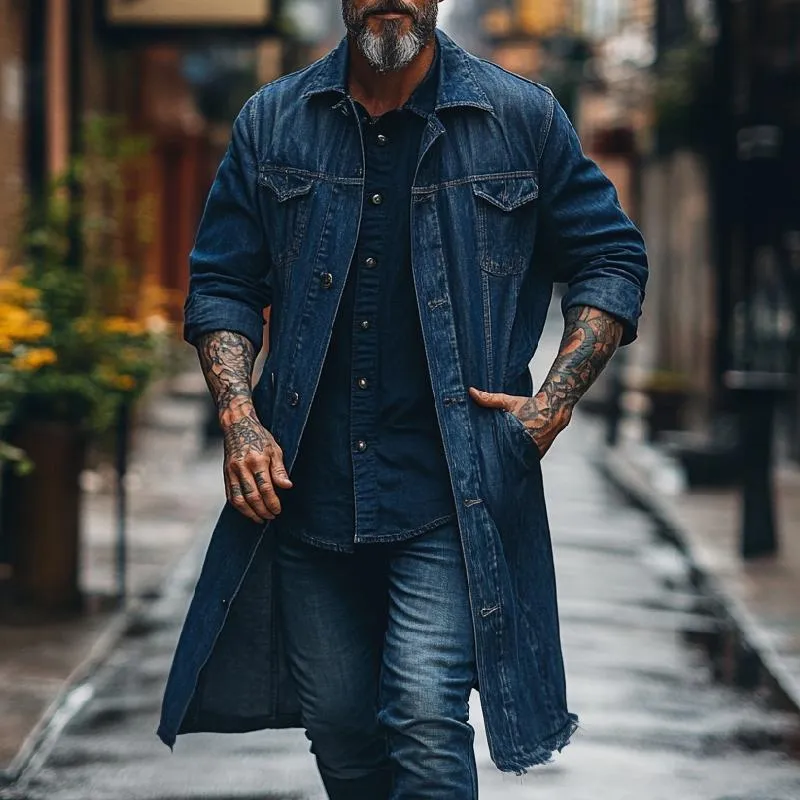 Men's Classic Lapel Mid-length Raw Edge Denim Jacket 63387243F sold by Manly product image thumbnail 2