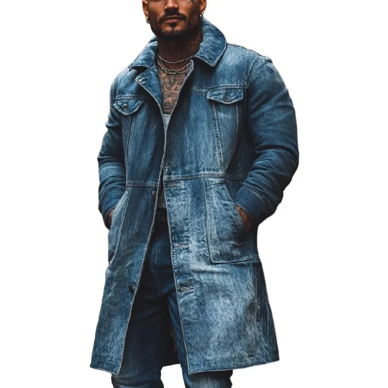 Men's Retro Mid-Length Lapel Washed Denim Jacket 46500369F sold by Manly
