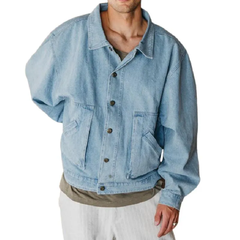 Men's Casual Washed Denim Lapel Multi-pocket Loose Bomber Jacket 36302711M sold by Manly