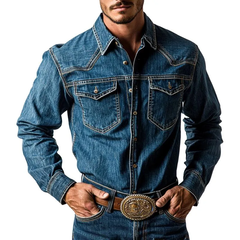 Men's Washed Denim Button-Down Long Sleeve Shirt 32263604U sold by Manly