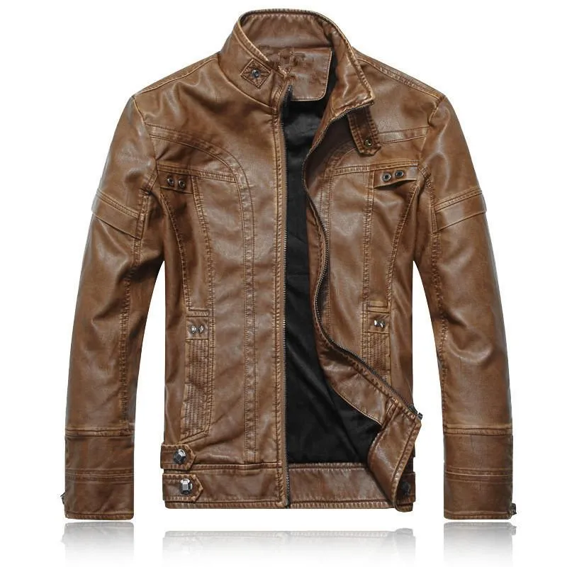 Men's Vintage Stand Collar Zipper Leather Jacket 74806084U sold by Manly product image thumbnail 3