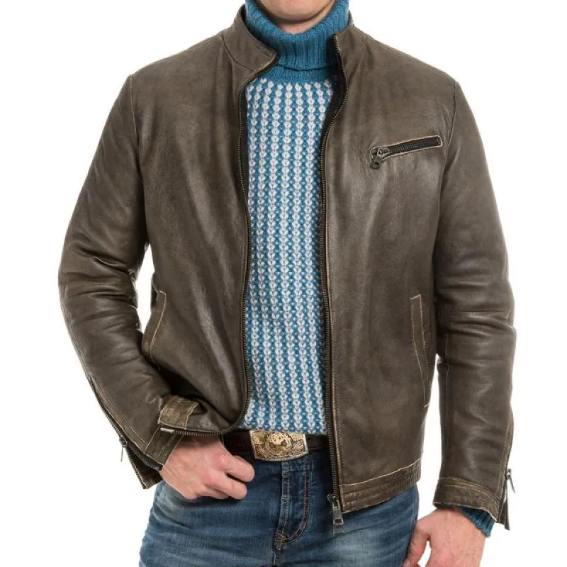 Men's Distressed Stand Collar Zip-up Jacket 82801791U sold by Manly