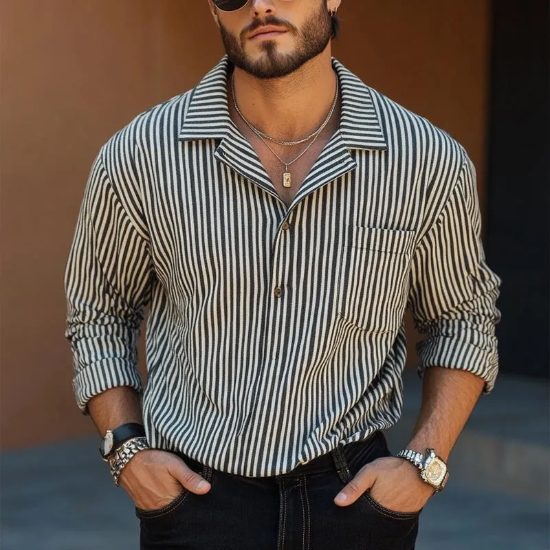 Men's Black and White Vertical Striped Long-sleeved Shirt 48367494U sold by Manly product image thumbnail 2
