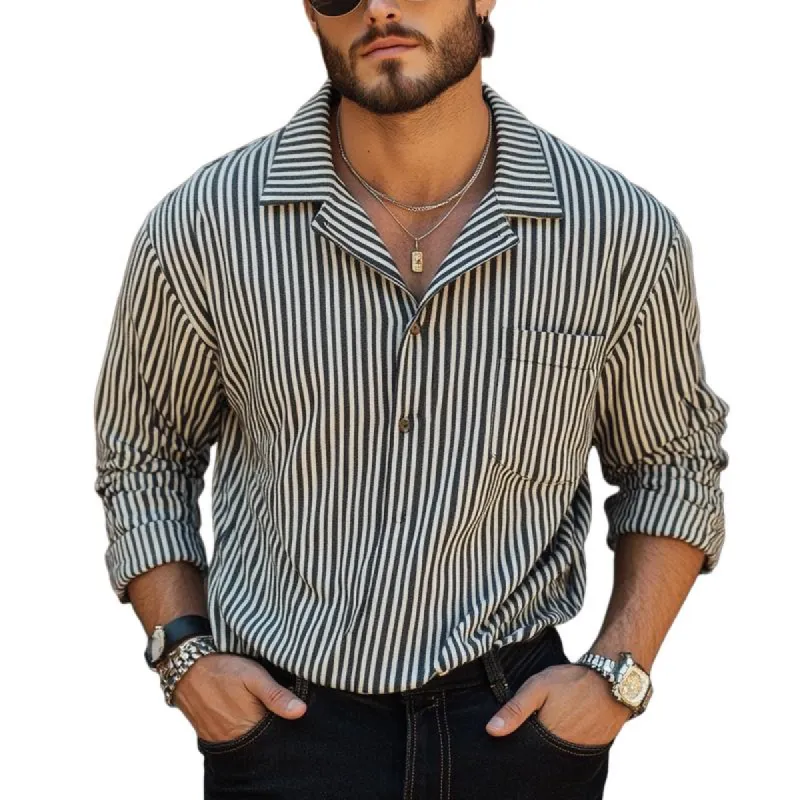 Men's Black and White Vertical Striped Long-sleeved Shirt 48367494U sold by Manly