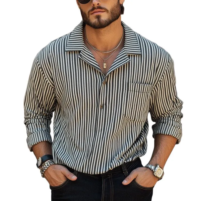 Men's Black and White Vertical Striped Long-sleeved Shirt 48367494U sold by Manly