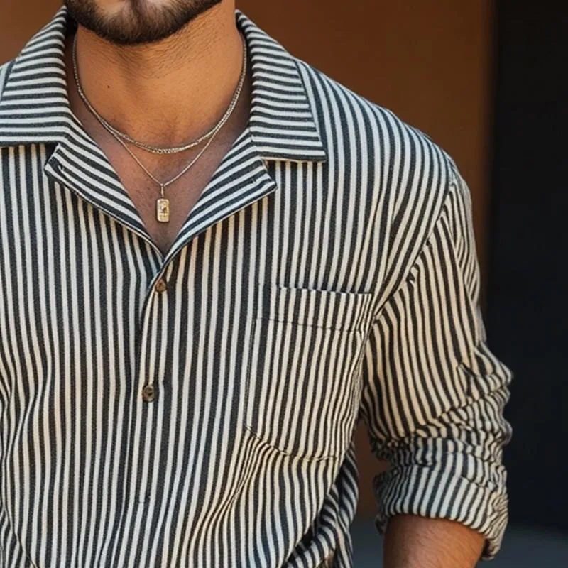 Men's Black and White Vertical Striped Long-sleeved Shirt 48367494U sold by Manly product image thumbnail 3