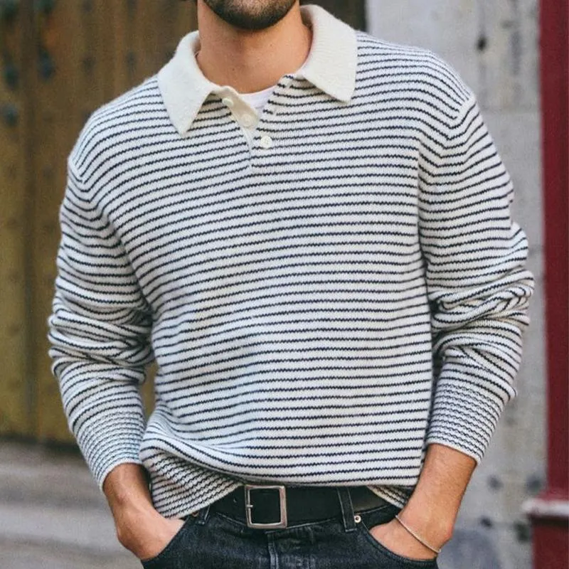 Men's Striped Lapel Three-button Knitted Sweater 71741826U sold by Manly product image thumbnail 2