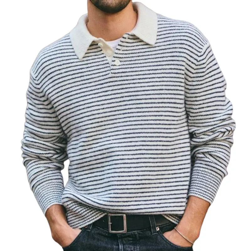 Men's Striped Lapel Three-button Knitted Sweater 71741826U sold by Manly