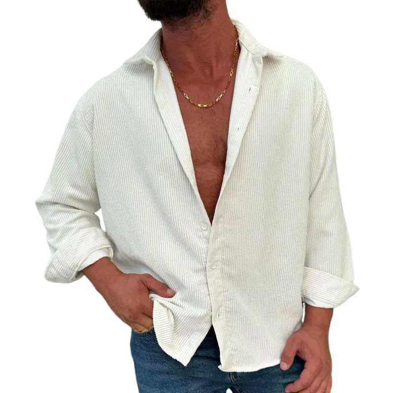 Men's Fashion Solid Color Corduroy Lapel Long Sleeve Shirt 13617132Z sold by Manly