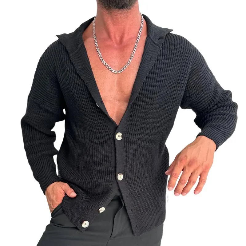 Men's Fashion Solid Color Lapel Single Breasted Knit Cardigan 39746687Z sold by Manly