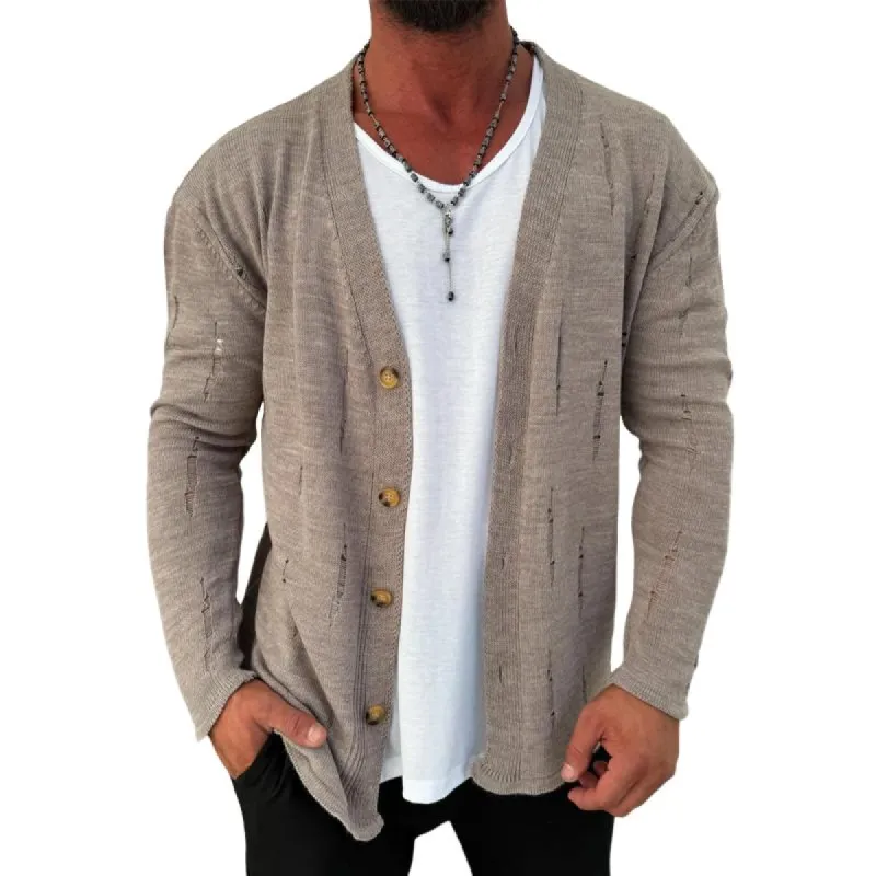 Men's Fashion Solid Color Holes V Neck Single Breasted Knit Cardigan 33992975Z sold by Manly