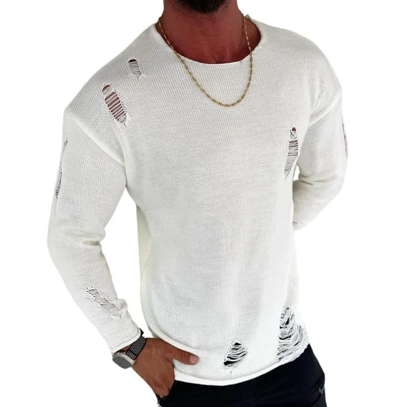 Men's Fashion Solid Color Holes Round Neck Long Sleeve Knit Sweater 37834512Z sold by Manly