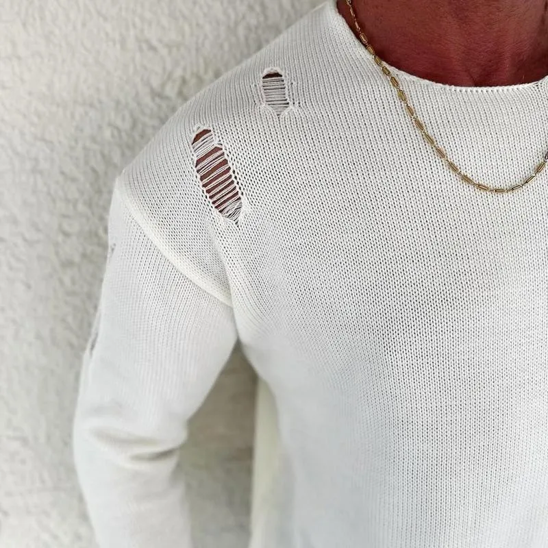 Men's Fashion Solid Color Holes Round Neck Long Sleeve Knit Sweater 37834512Z sold by Manly product image thumbnail 4