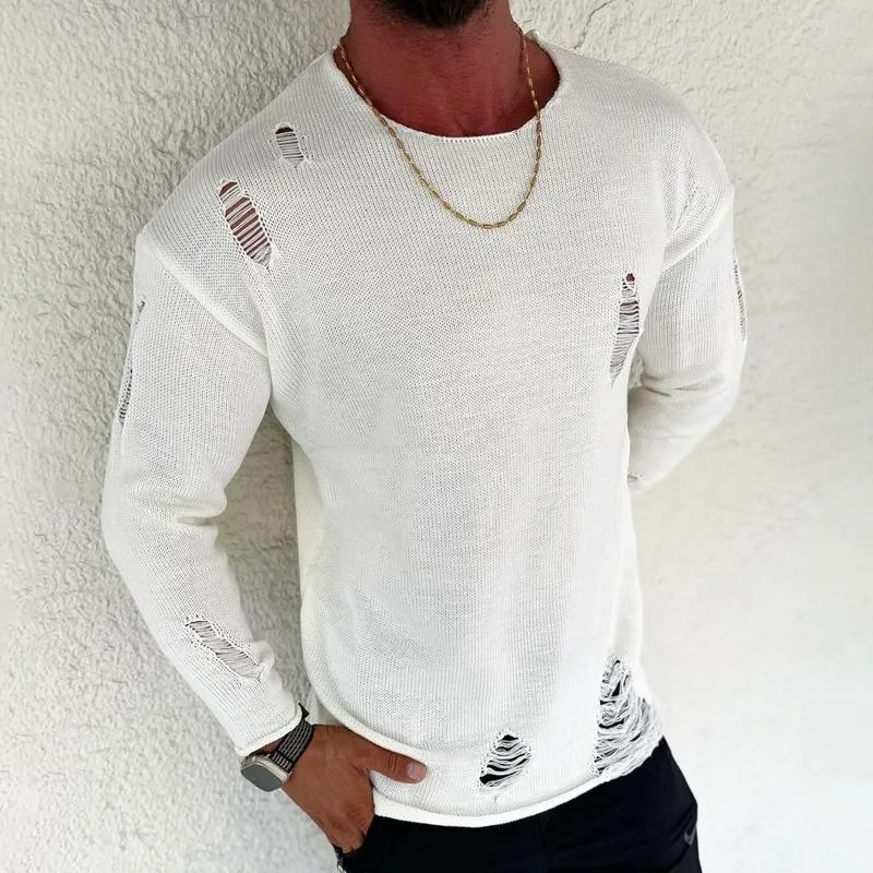 Men's Fashion Solid Color Holes Round Neck Long Sleeve Knit Sweater 37834512Z sold by Manly product image thumbnail 2