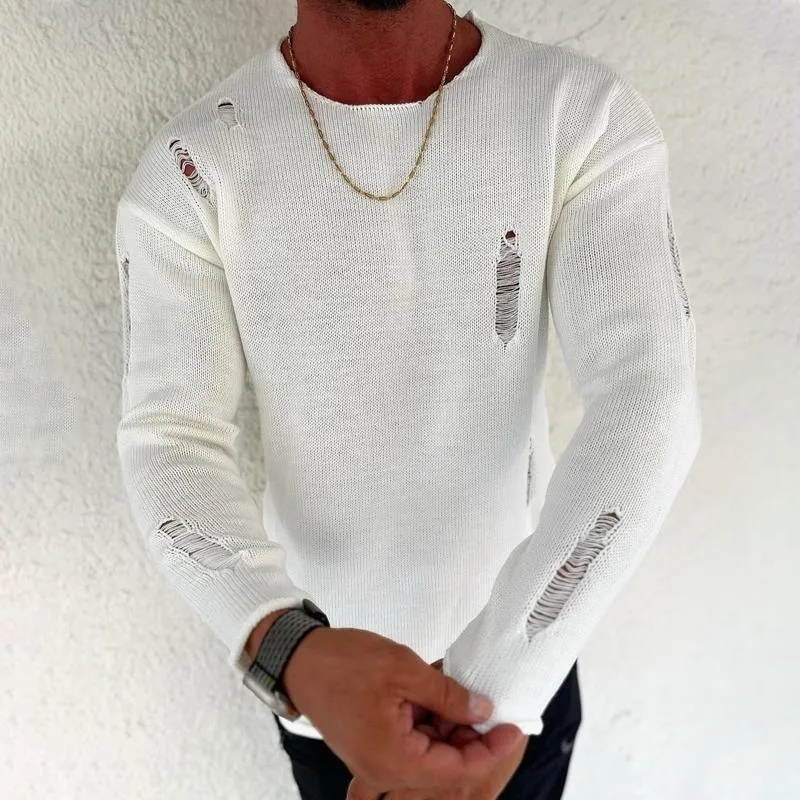 Men's Fashion Solid Color Holes Round Neck Long Sleeve Knit Sweater 37834512Z sold by Manly product image thumbnail 3