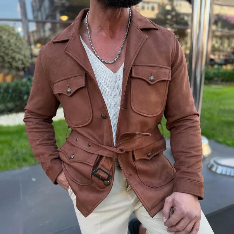 Men's Fashion Suede Lapel Multi-pocket Cargo Jacket 60728122Z sold by Manly product image thumbnail 3