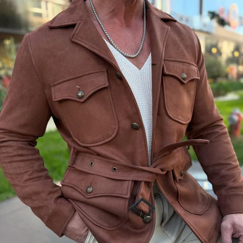 Men's Fashion Suede Lapel Multi-pocket Cargo Jacket 60728122Z sold by Manly product image thumbnail 4