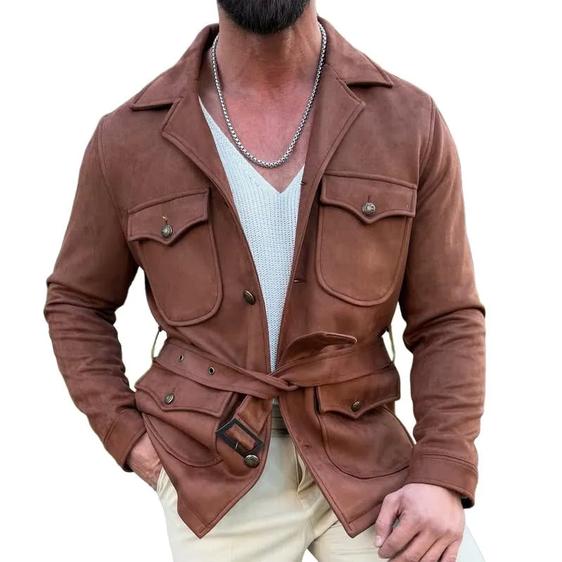 Men's Fashion Suede Lapel Multi-pocket Cargo Jacket 60728122Z sold by Manly
