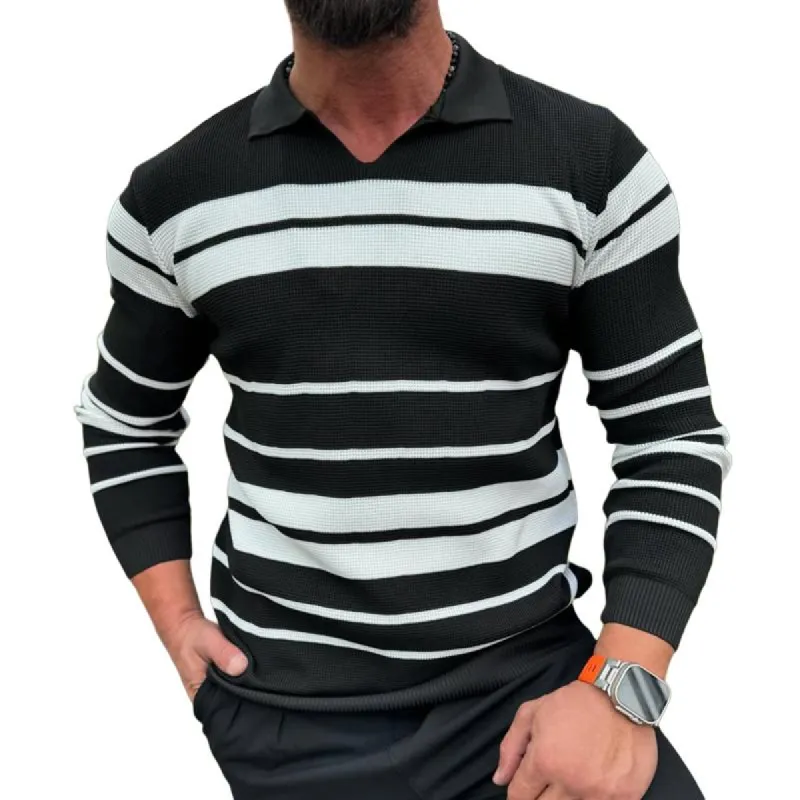 Men's Fashion Colorblock Striped Lapel Long Sleeve Knit Polo Shirt 83709928Z sold by Manly