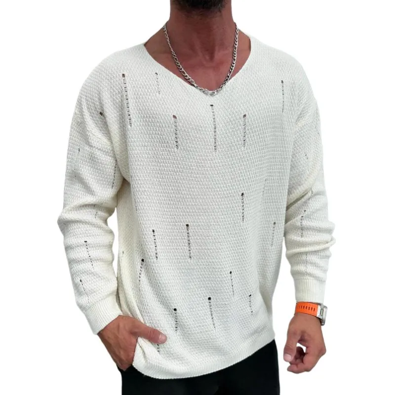 Men's Fashion Solid Color Holes V Neck Long Sleeve Knit Sweater 15031462Z sold by Manly