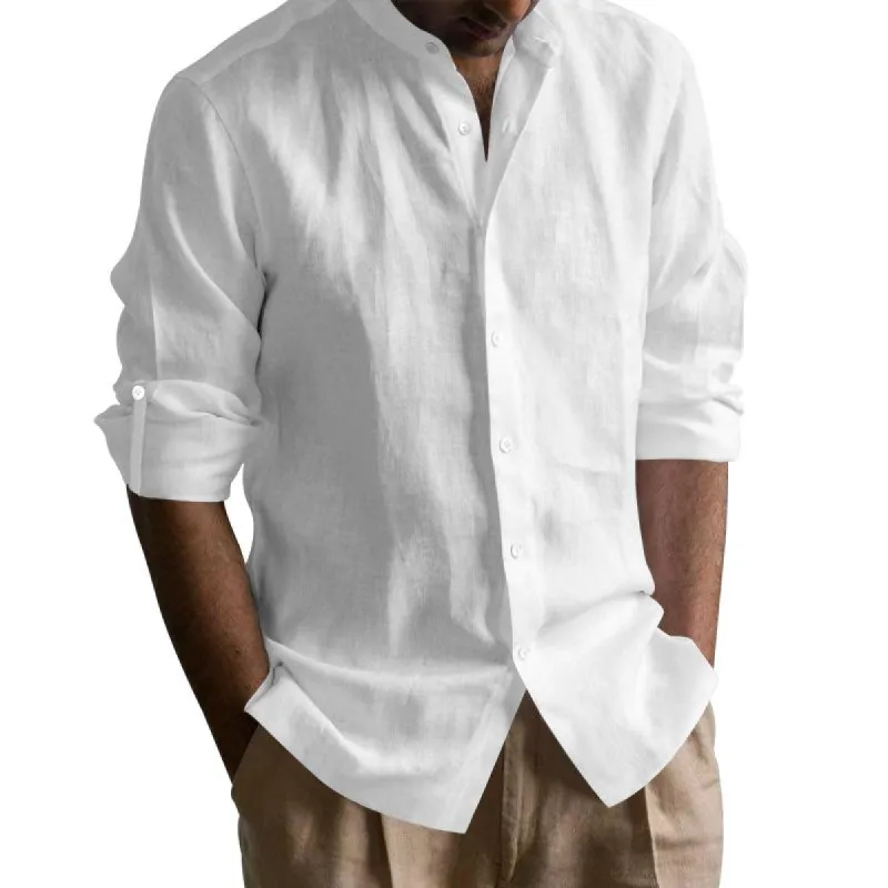 Men's Solid Color Stand Collar Rolled Long Sleeve Casual Shirt 03711888Z sold by Manly