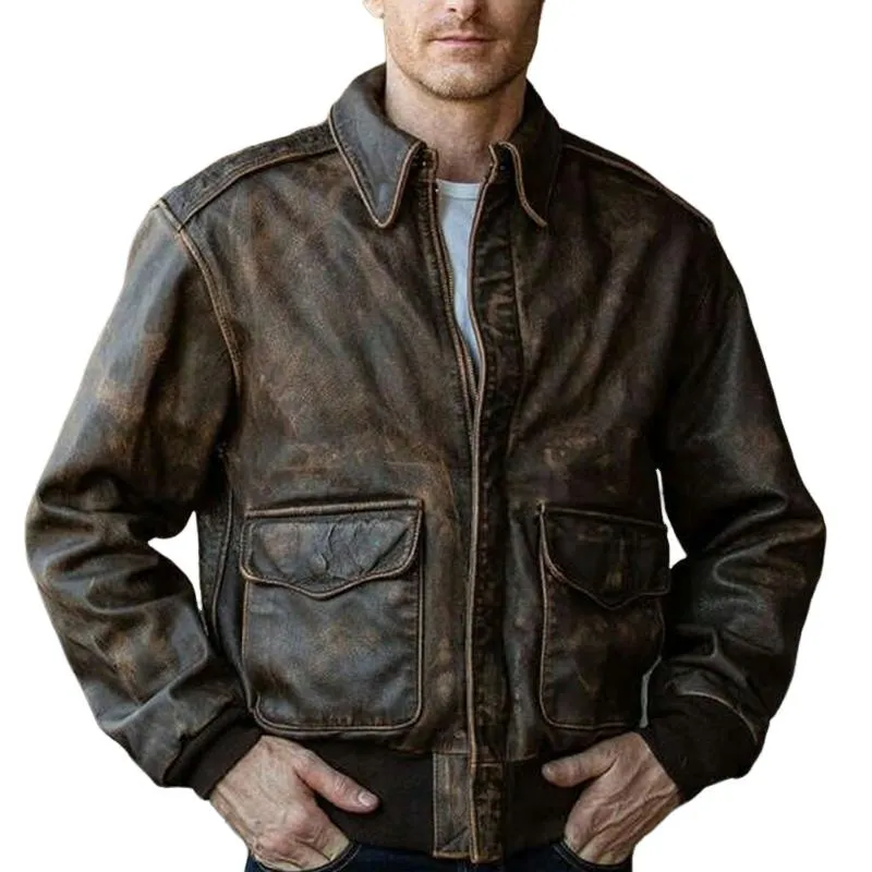 Men's Vintage Distressed Zipper Leather Jacket 22971662U sold by Manly