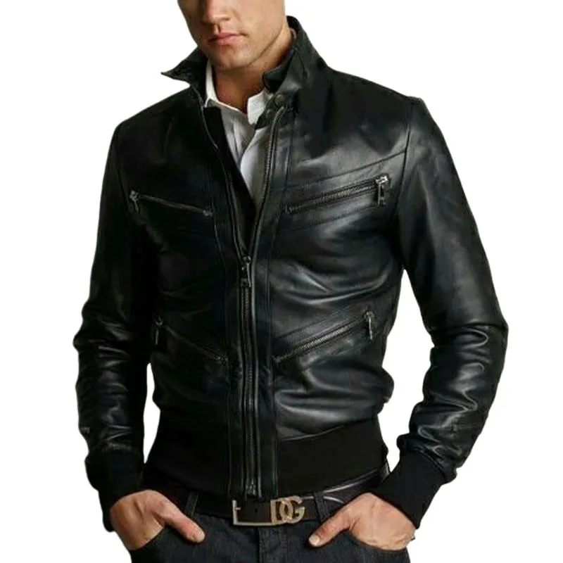 Men's Slim Fit Black Stand Collar Zip-up Leather Jacket 58468927U sold by Manly