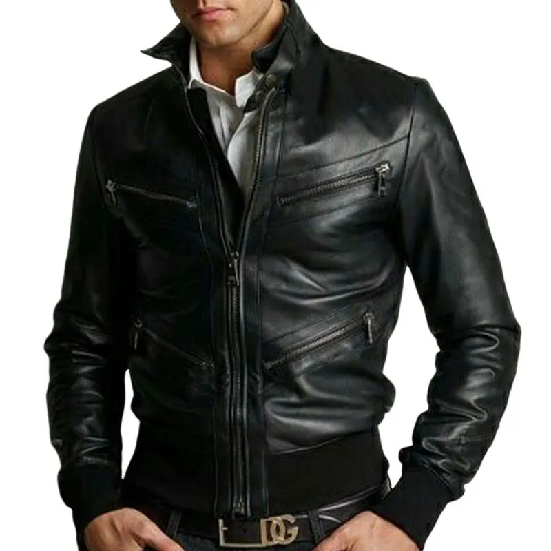 Men's Slim Fit Black Stand Collar Zip-up Leather Jacket 58468927U sold by Manly product image thumbnail 2