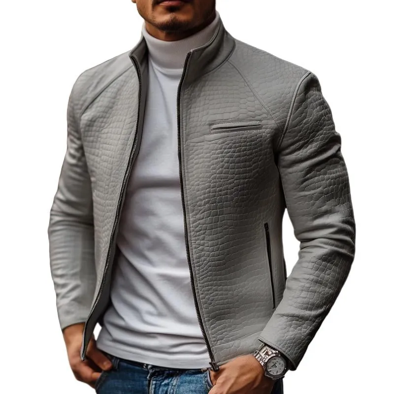 Men's Vintage Stone Leather Stand Collar Slim Jacket 16180155M sold by Manly