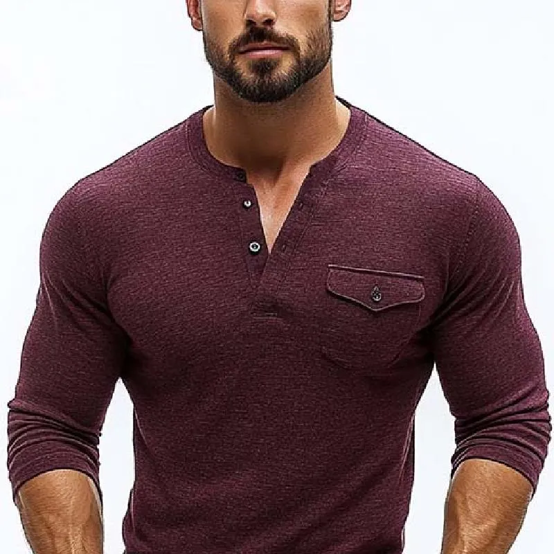 Men's Classic Casual Slim Pocket V-Neck Button Long Sleeve T-Shirt 10131221K sold by Manly product image thumbnail 3