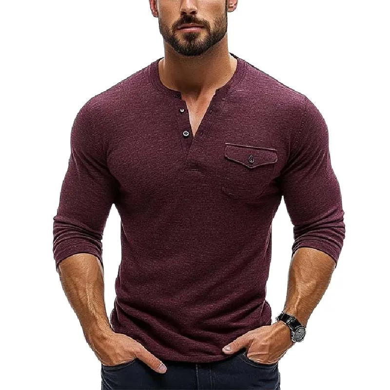 Men's Classic Casual Slim Pocket V-Neck Button Long Sleeve T-Shirt 10131221K sold by Manly