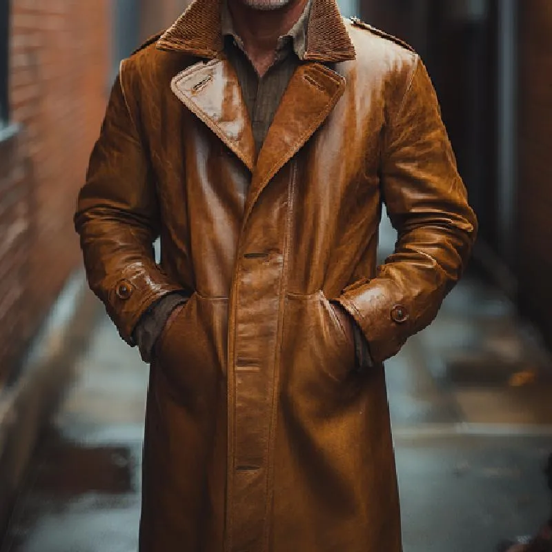 Men's Classic Mid-length Single-breasted Lapel Leather Coat 77265125F sold by Manly product image thumbnail 3