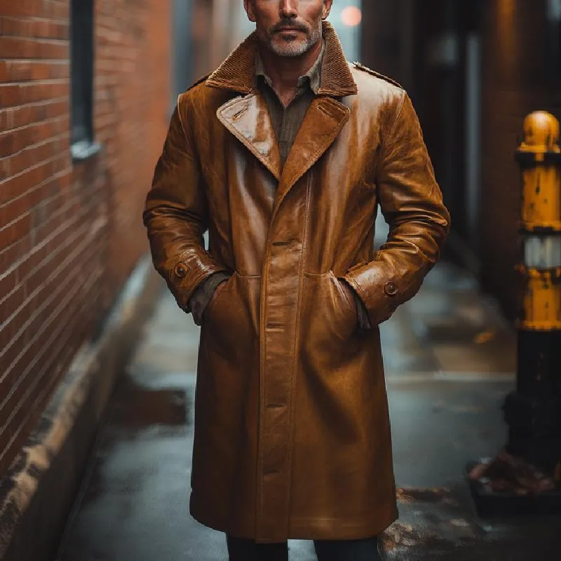 Men's Classic Mid-length Single-breasted Lapel Leather Coat 77265125F sold by Manly product image thumbnail 2