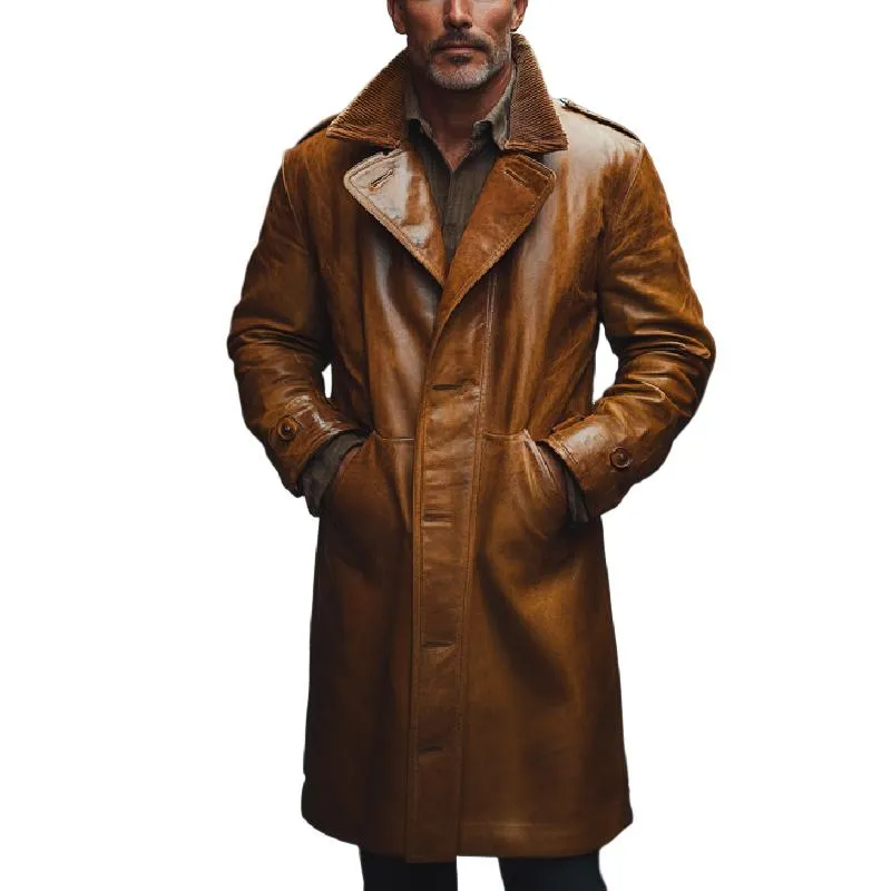 Men's Classic Mid-length Single-breasted Lapel Leather Coat 77265125F sold by Manly