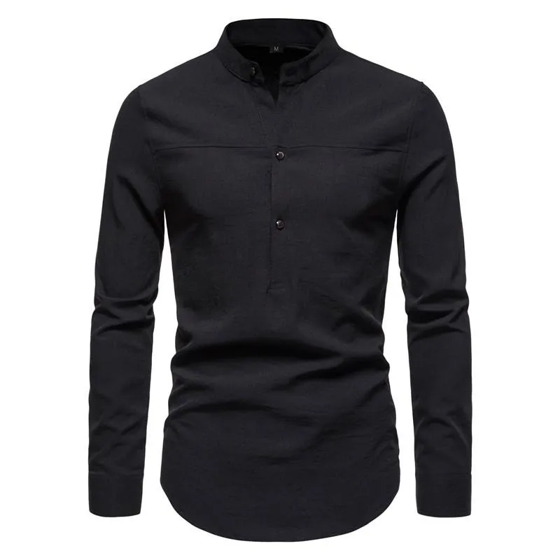 Men's Solid Color Long Sleeve Stand Collar Linen Shirt 70526053X sold by Manly product image thumbnail 2