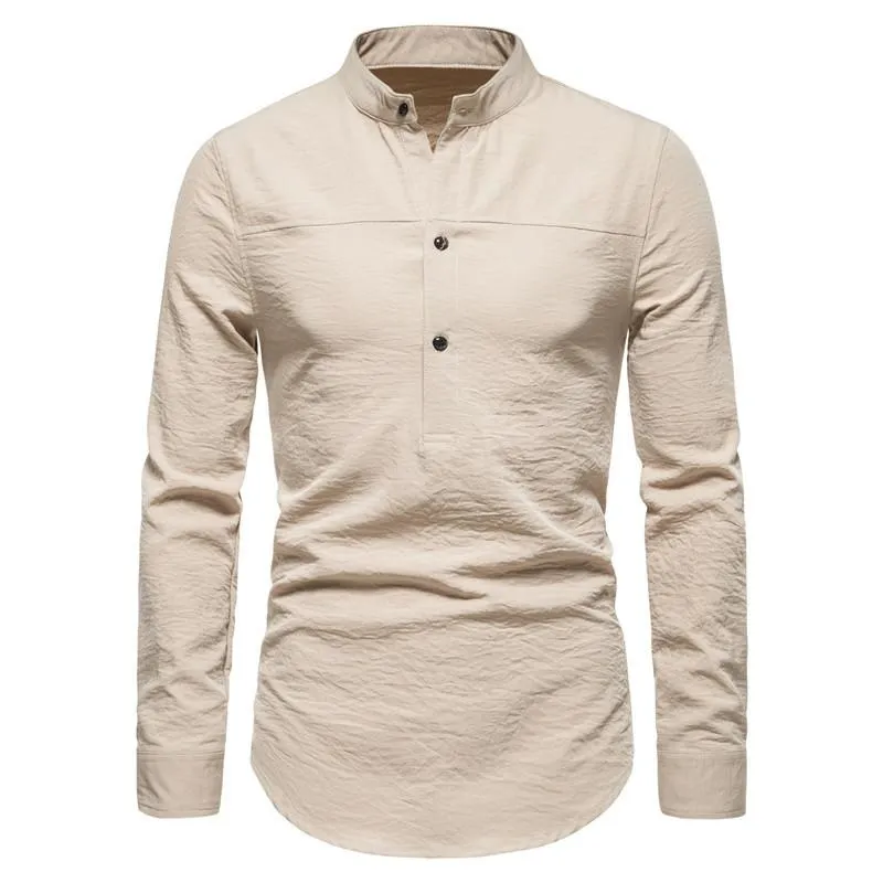 Men's Solid Color Long Sleeve Stand Collar Linen Shirt 70526053X sold by Manly product image thumbnail 4